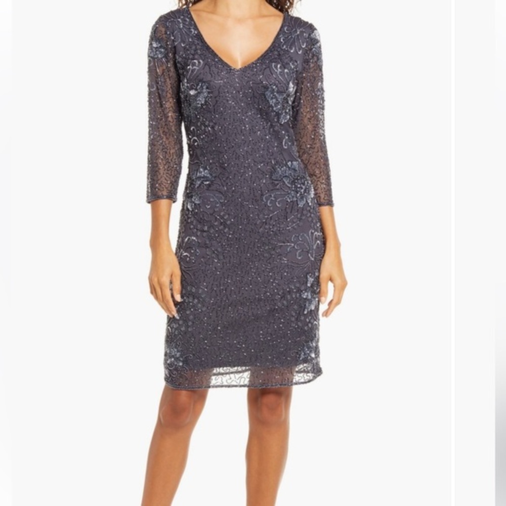 PISARRO NIGHTS Beaded V-Neck Cocktail Dress Size 12 NWOT